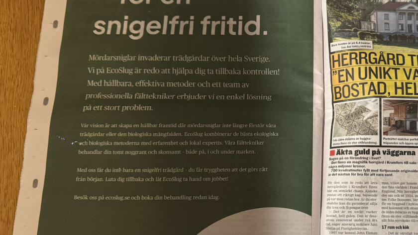EcoSlug AB:s annonser i Expressen, publicerade under sektionen Nyheter.